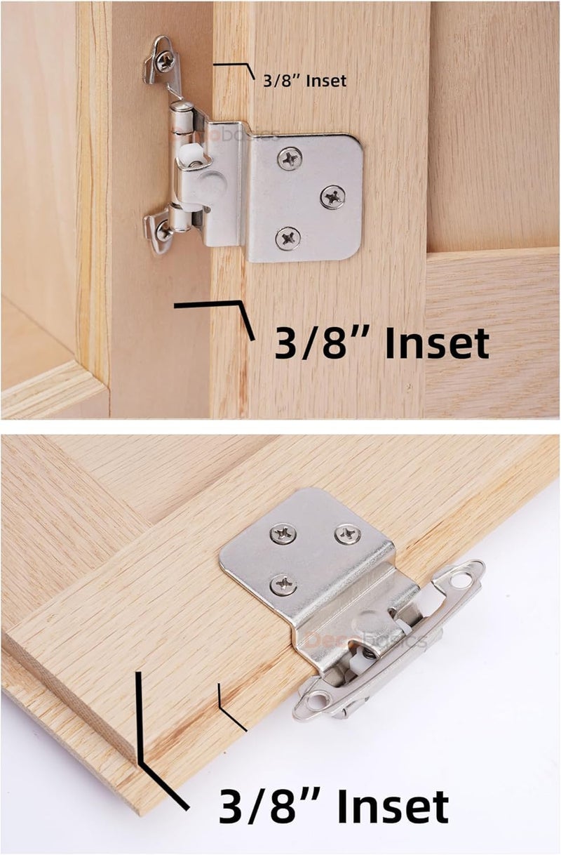 DecoBasics 3/8" Inset Cabinet Hinges Brushed Nickel (10 Pair -20 Pcs) Offset Self Closing Cabinet Hinges for Kitchen Cabinets Satin Nickel w/Silicon Bumpers & Upgraded Screws - Image 4